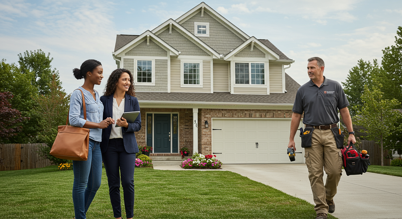 A home buyer meeting a recommended home inspector with their real estate agent, showing a positive and trustworthy client experience.