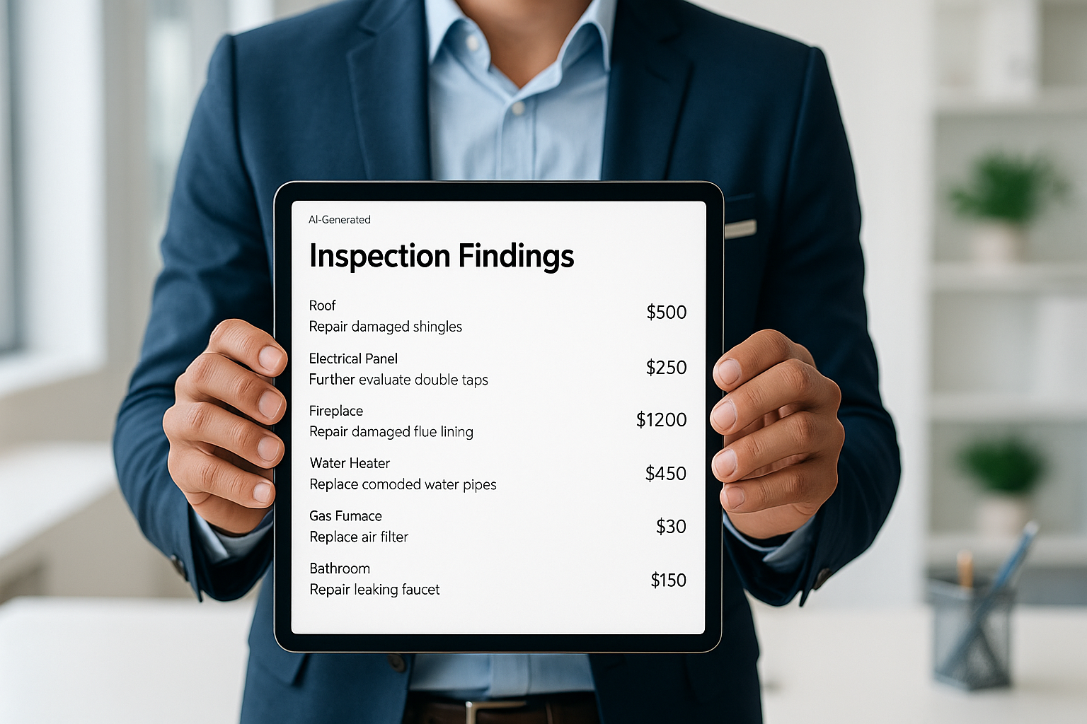 Real estate agent using a tablet with an AI-powered tool to review estimated repair costs from a home inspection report.
