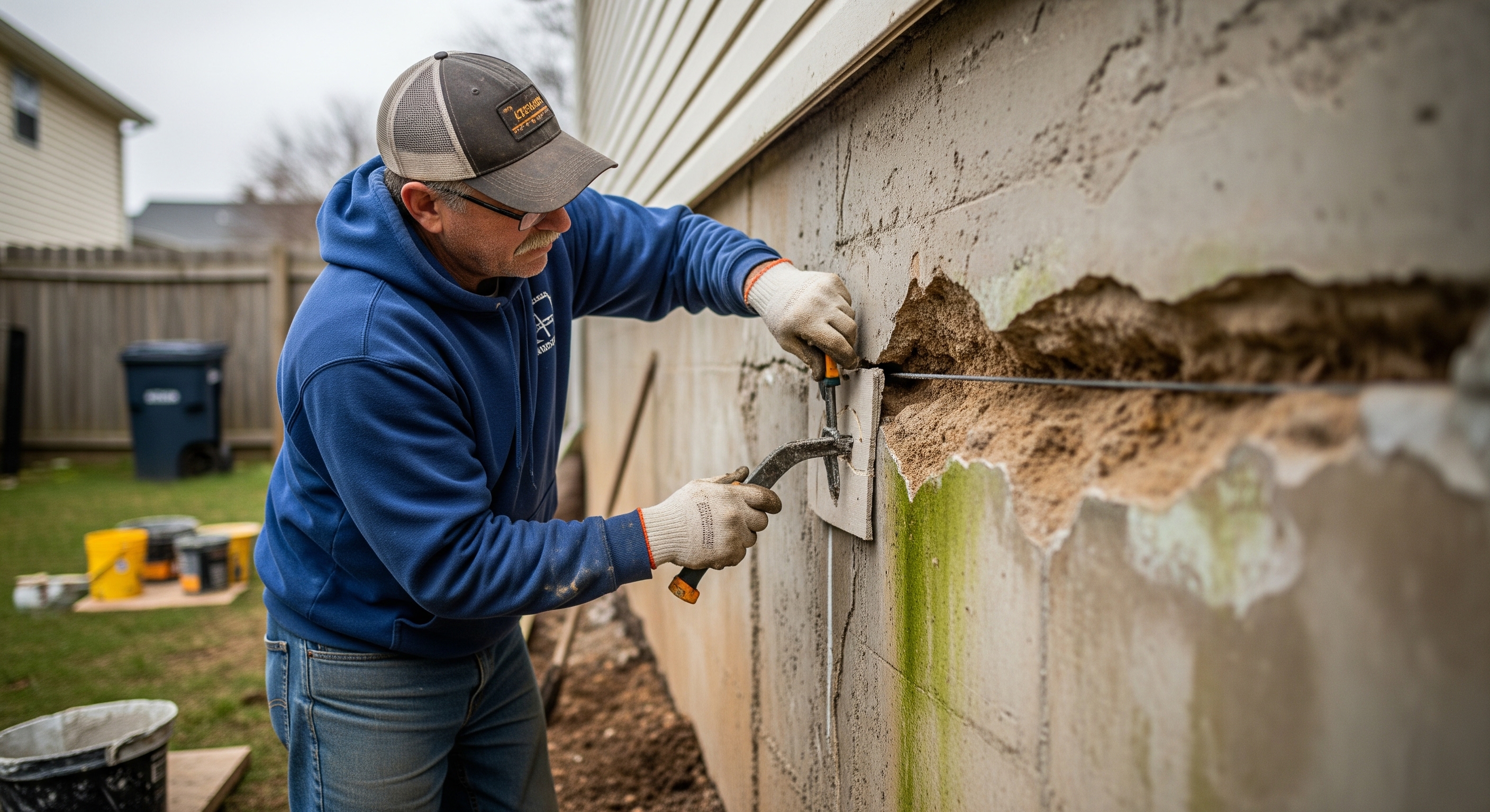 Contractor repairing wall foundation