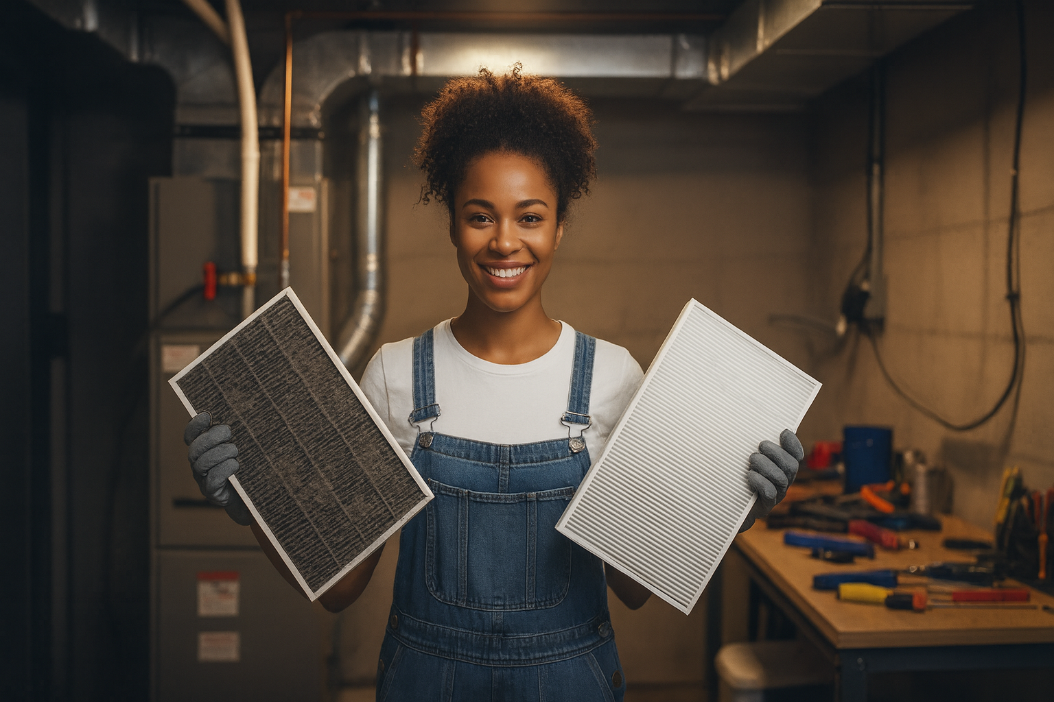 Smiling young woman holding a dirty furnace filter in one hand and a clean furnace filter in the other.