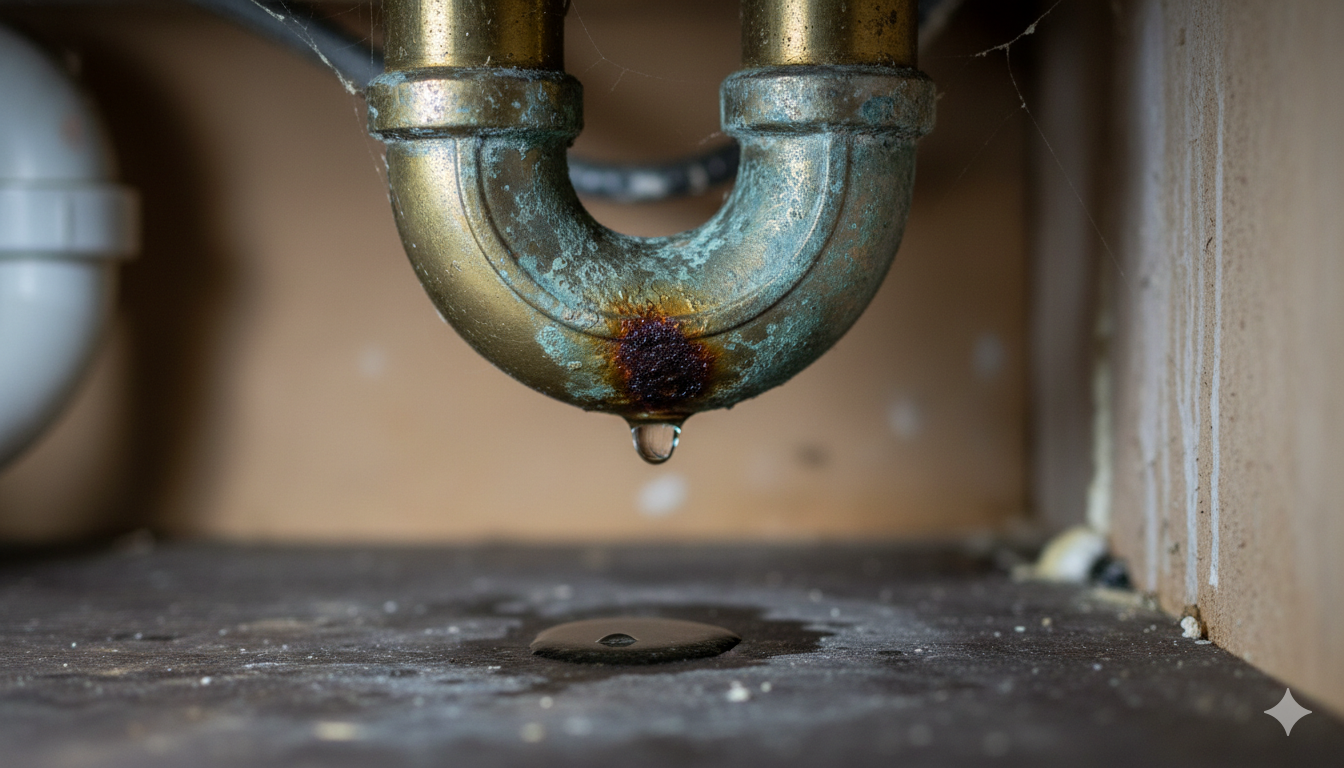 Close-up view of a corroded P-trap under a sink with an active water leak, a common plumbing issue found in home inspections.