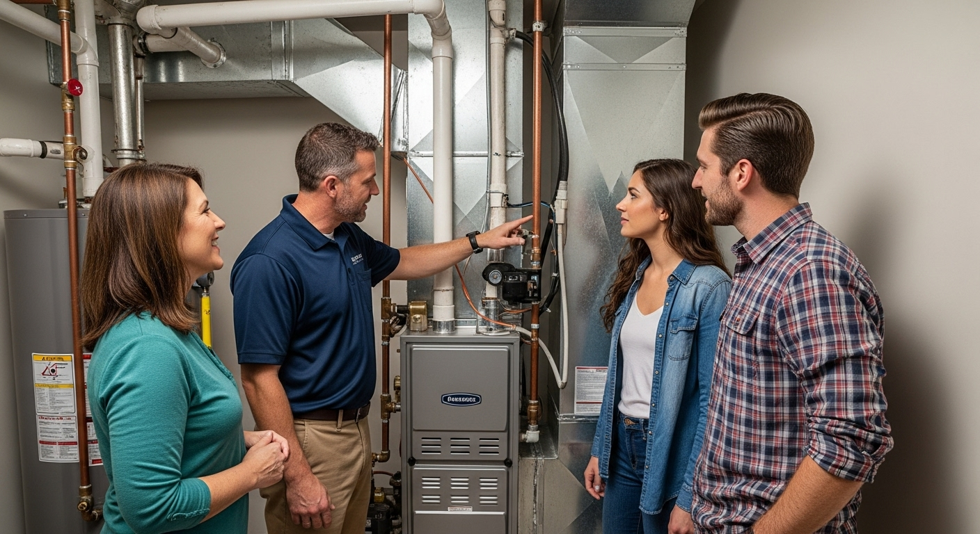 First-time home buyers attending their home inspection with their agent and learning from the inspector about the furnace.