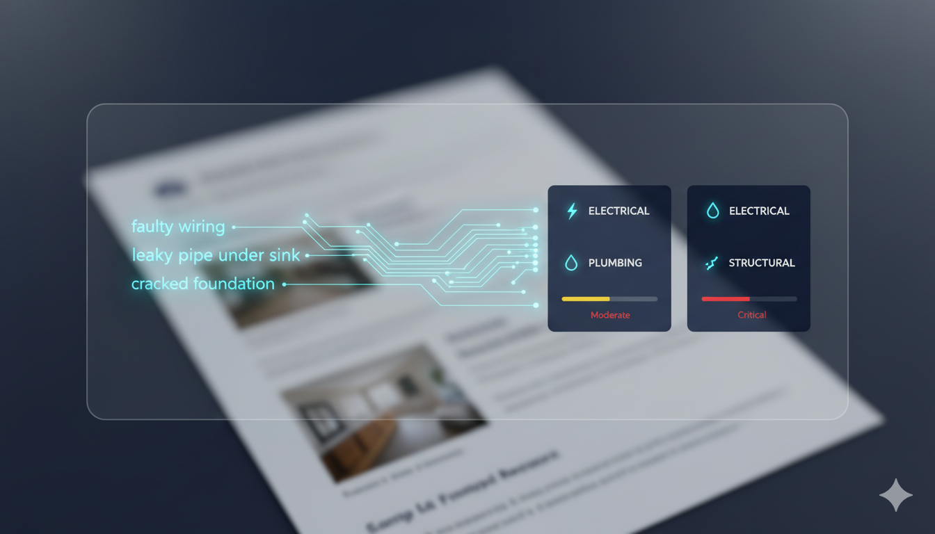 A digital interface demonstrating how AI for home inspection response analyzes a report and categorizes findings into an organized, actionable list