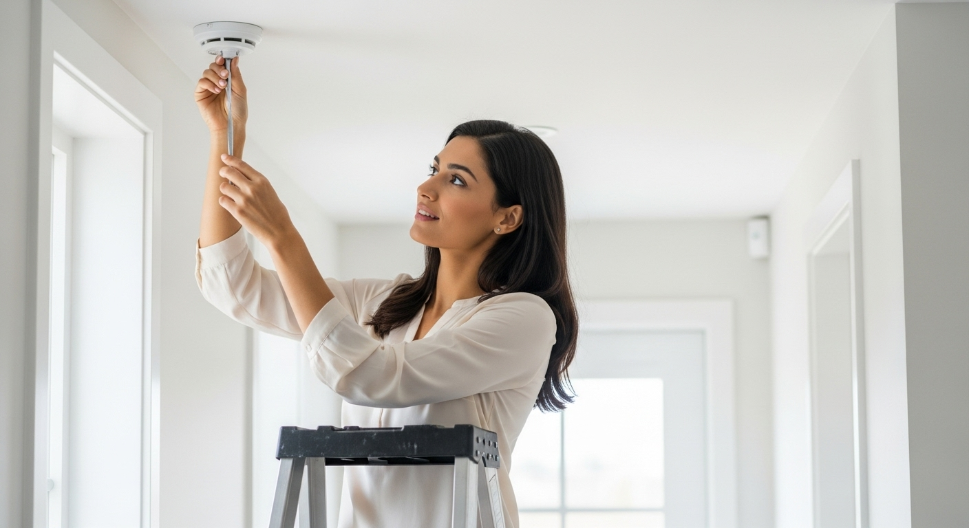 A confident Middle Eastern woman installs a new smoke detector on her ceiling, completing a key safety task from the seller's pre-inspection checklist.