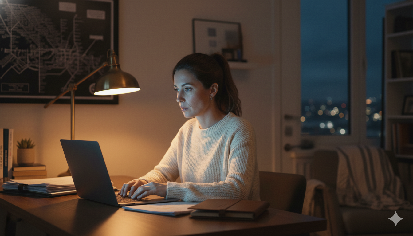 A woman in a casual sweater and ponytail works late on her laptop in a dimly lit, cozy home office with a city view at night.