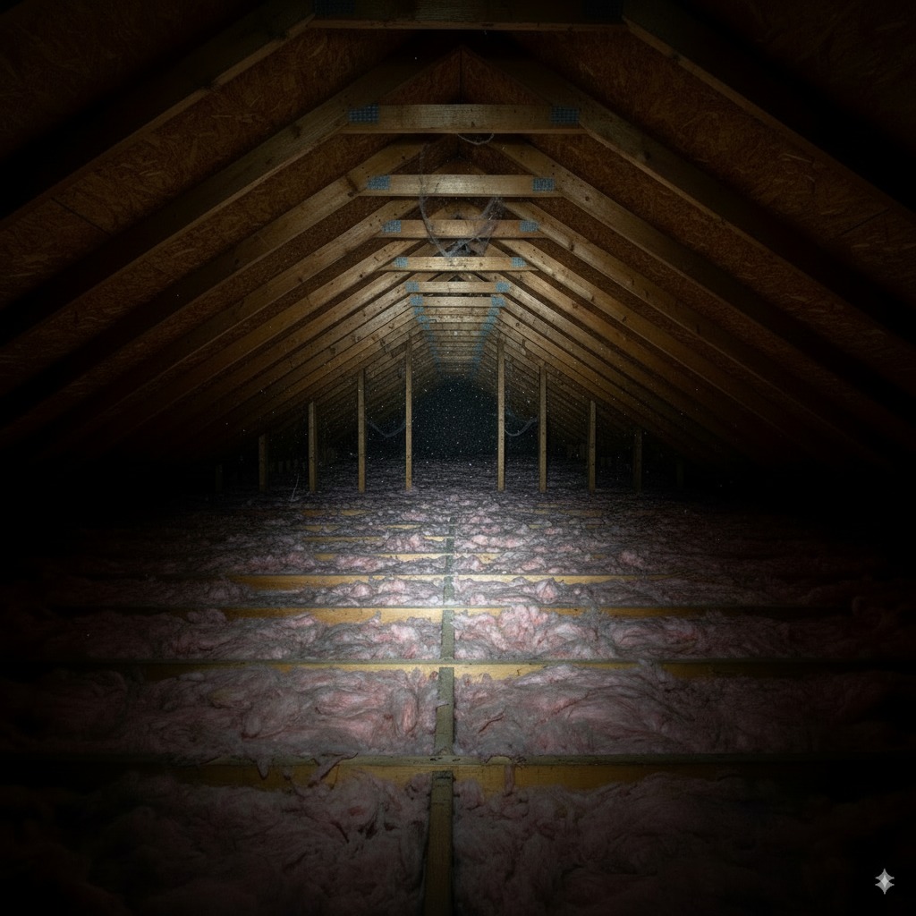 Point-of-view photo of a home inspector's flashlight beam illuminating dusty attic insulation, wooden rafters, and roof sheathing.