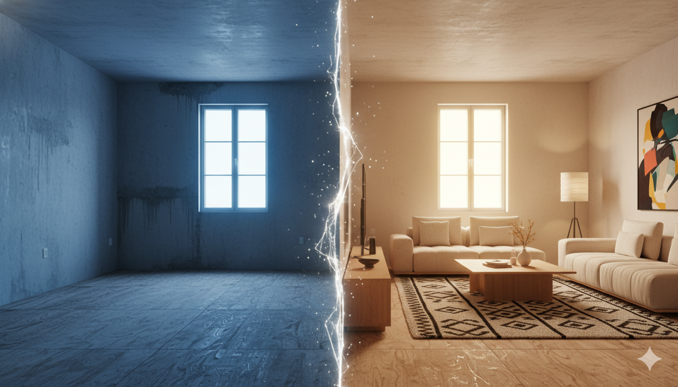 Before and after split screen image of virtual staged room
