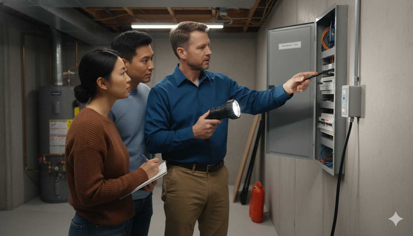 Home inspector explaining the electrical system to home buyers, demonstrating a key moment during the home inspection.