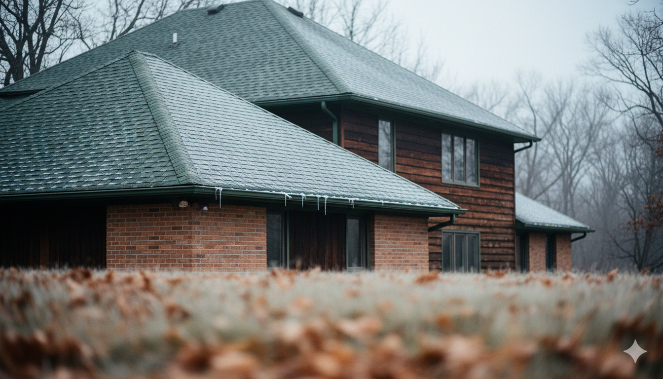 reMidwest home in fall/early winter, featuring a striking green roof and brick exterior. A 35mm shot with shallow depth of field, emphasizing frosted gutters and the quiet beauty of the season.
