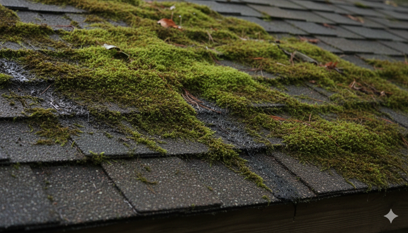 Heavy moss and algae growth on roof shingles, indicating potential moisture retention and a common home inspection finding.