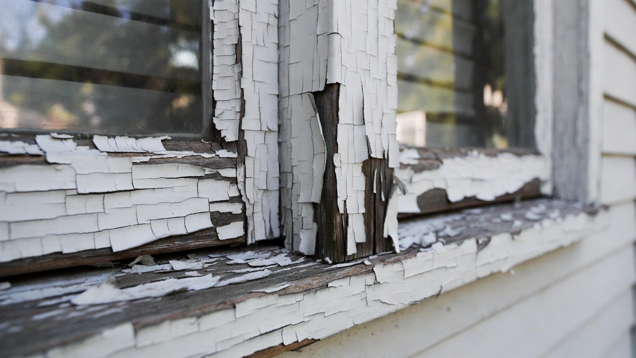 Close-up of peeling paint on a window frame, illustrating a primary FHA loan deal breaker regarding lead paint safety.